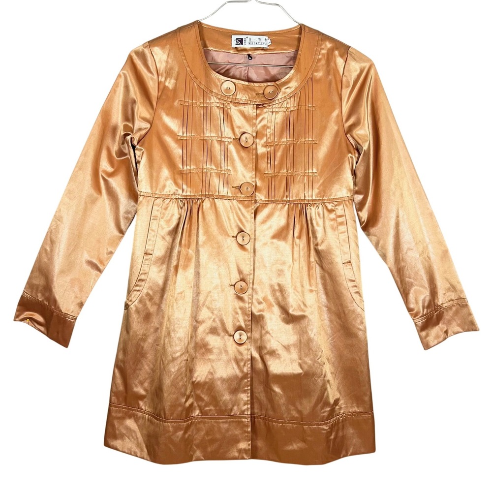 Mei & Teya Babydoll Coat Top Button Down‎ Pleated Apricot Satin Size L
